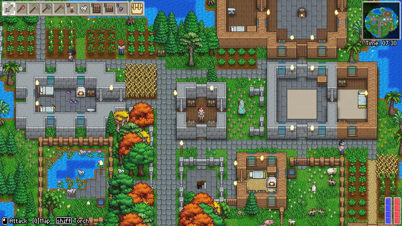 Delverium settlement with crop plots, livestock pens, houses and stone paths